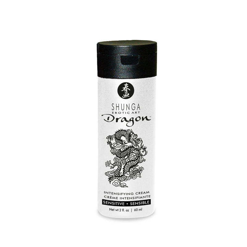 Bottle of Dragon Virility Cream Sensitive by Anastasia's Bedroom Lingerie, with the product label visible in the image.