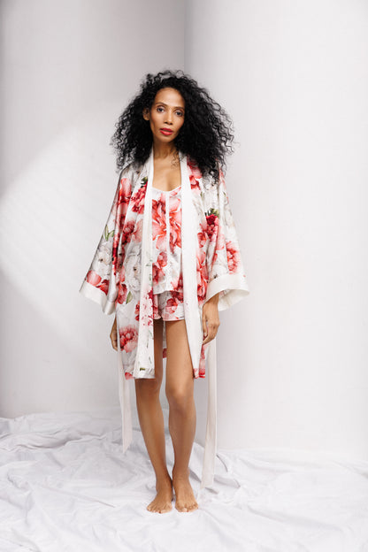 Peony Allure Short Robe in Blue