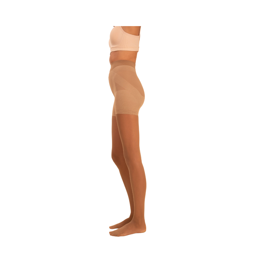 Sheer tan contour tights by Anastasia's Bedroom Lingerie, close-up of smooth, sheer fabric with subtle contouring details.