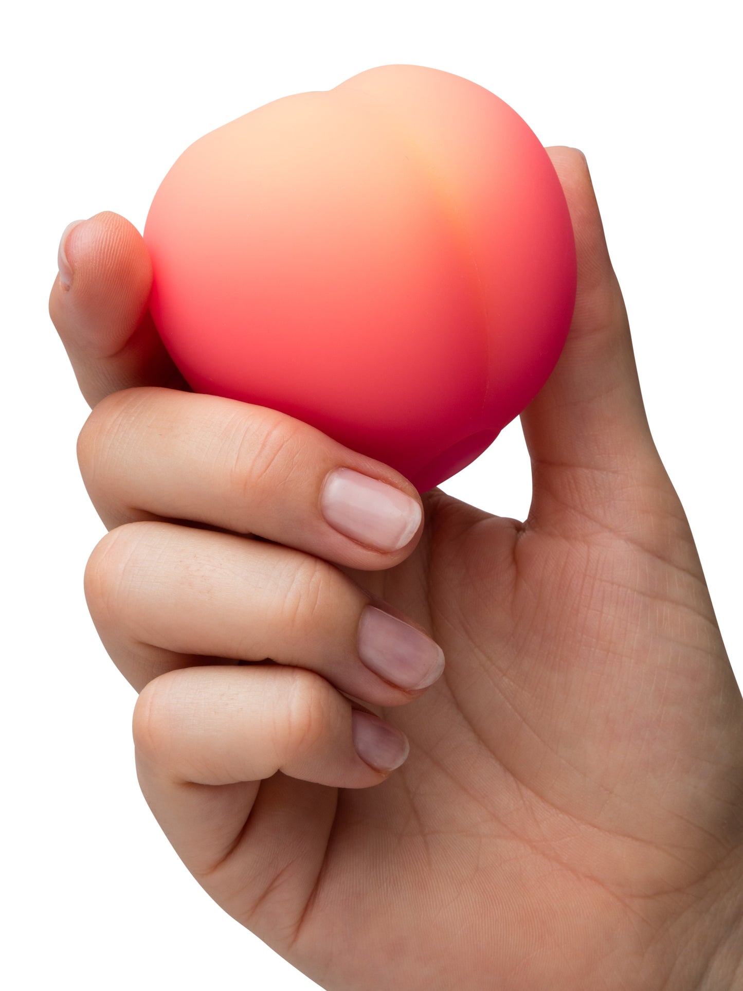 ROMP Pink Peach vibrator shown with smooth, curved design and vibrant pink color, ideal for personal pleasure and sensual stimulation.