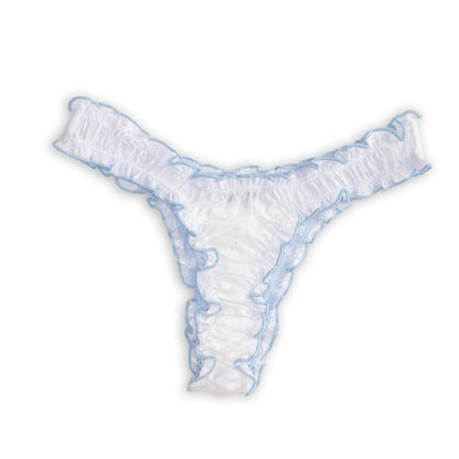 La Sylvie Cotton Thong by Anastasia's Bedroom Lingerie, soft white cotton fabric with delicate lace trim and minimalistic design.