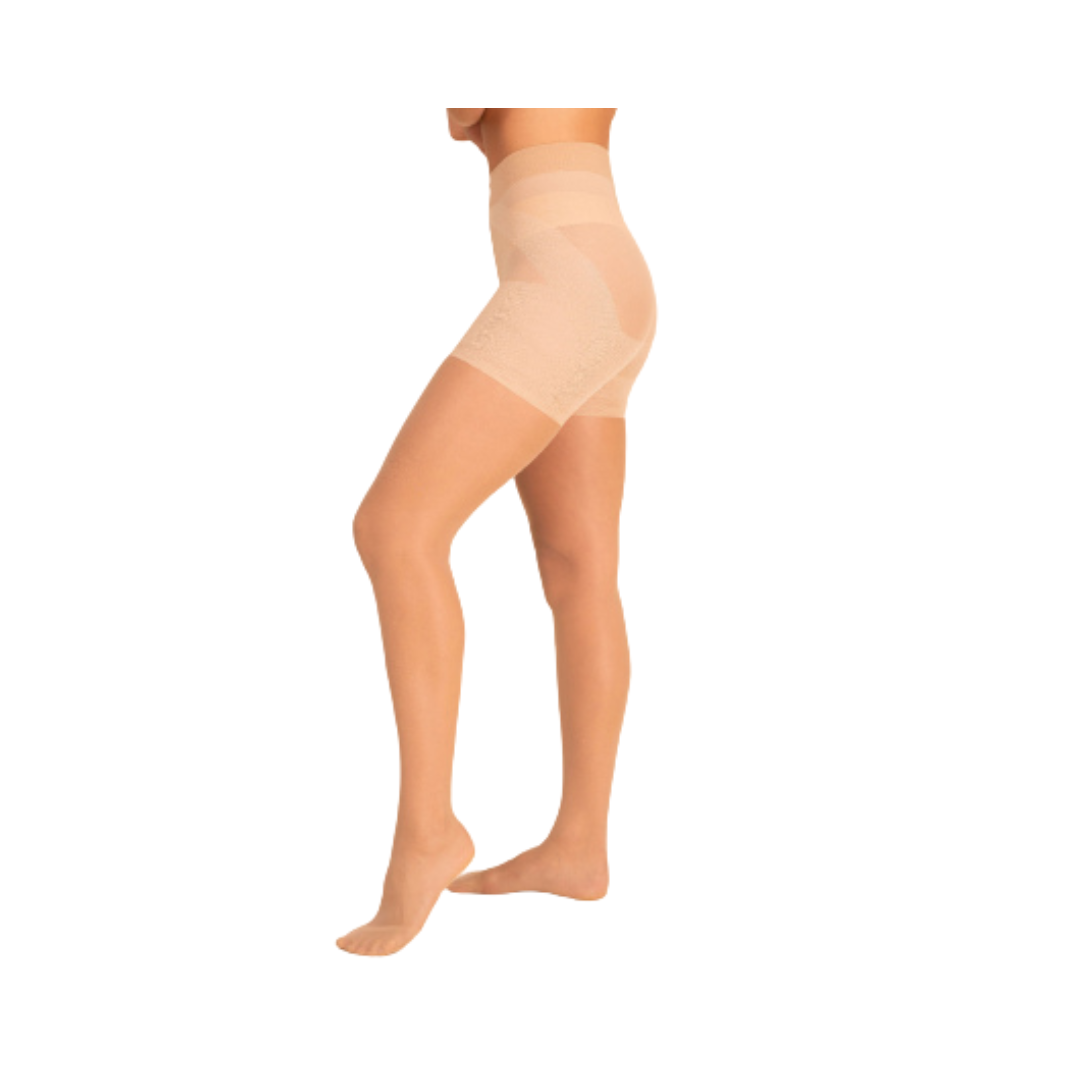 Ivory sheer contour tights by Anastasia's Bedroom Lingerie displayed on a model, highlighting smooth, form-fitting design and delicate texture.