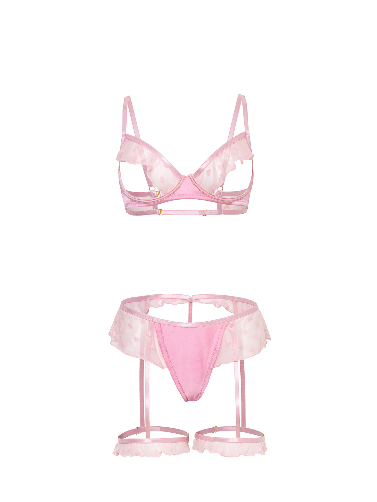 Anastasia's Bedroom Lingerie Selma open cup bra set with delicate lace detailing and adjustable straps, front view.