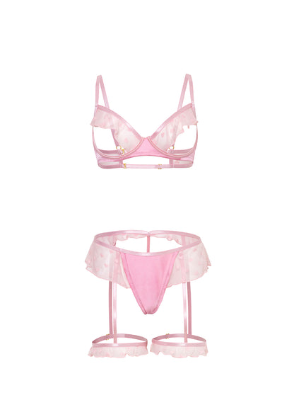 Anastasia's Bedroom Lingerie Selma open cup bra set with delicate lace detailing and adjustable straps, front view.