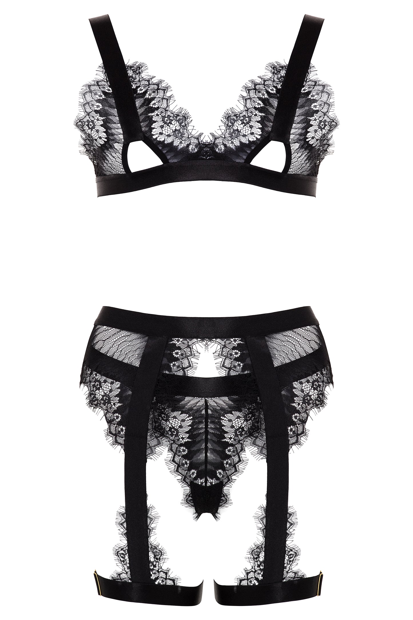 Anastasia's Bedroom Lingerie Janet eyelash lace 3-piece bra set featuring a delicate lace bra, matching panties, and a lace garter belt.