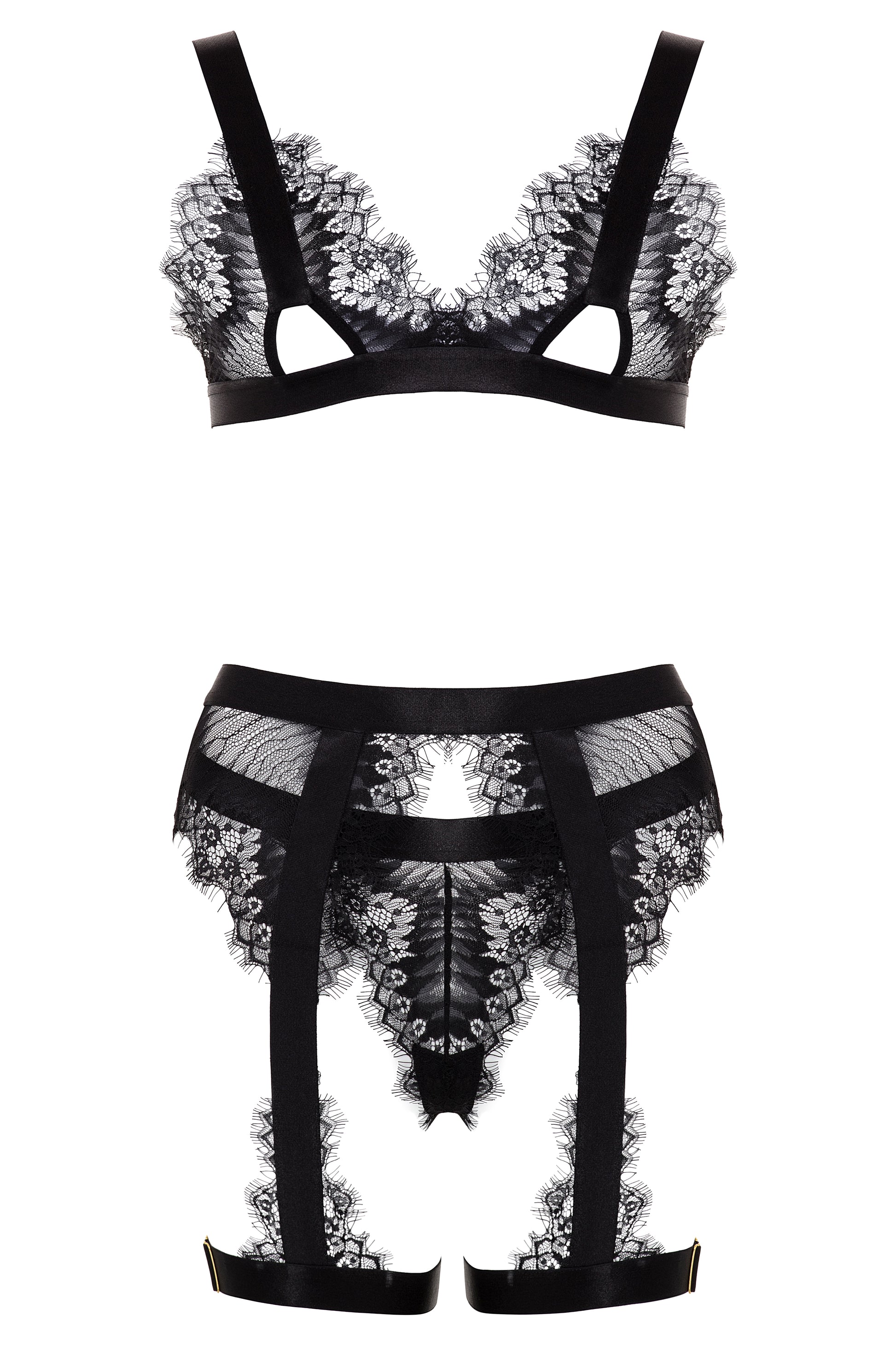 Anastasia's Bedroom Lingerie Janet eyelash lace 3-piece bra set featuring a delicate lace bra, matching panties, and a lace garter belt.