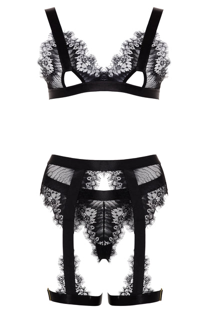 Anastasia's Bedroom Lingerie Janet eyelash lace 3-piece bra set featuring a delicate lace bra, matching panties, and a lace garter belt.