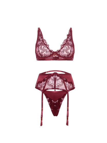 Anastasia's Bedroom Lingerie Eloise Set featuring elegant lace and satin details on a woman modeling the stylish lingerie ensemble.