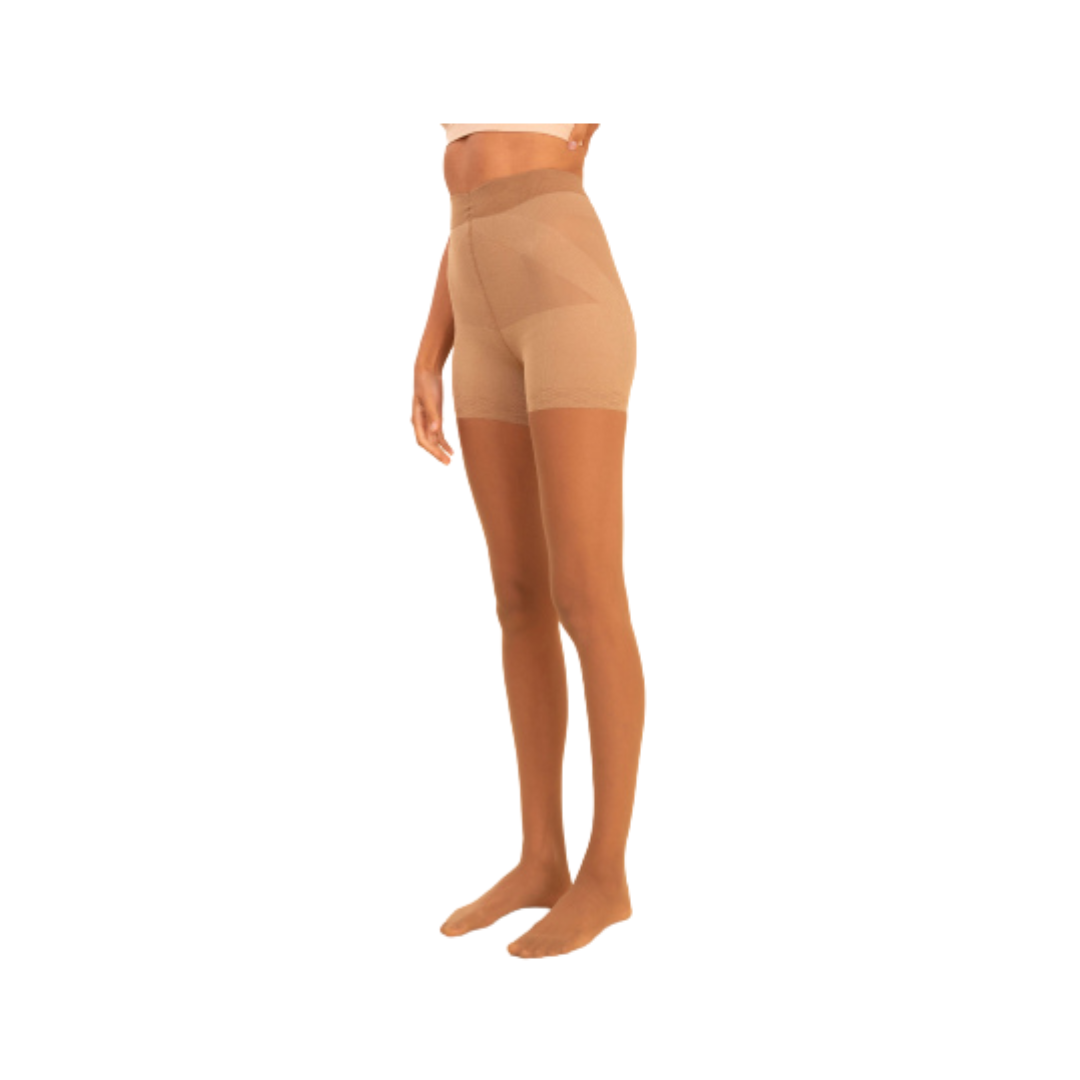 Sheer contour tights in tan by Anastasia's Bedroom Lingerie, showing close-up of smooth, seamless hosiery on legs.
