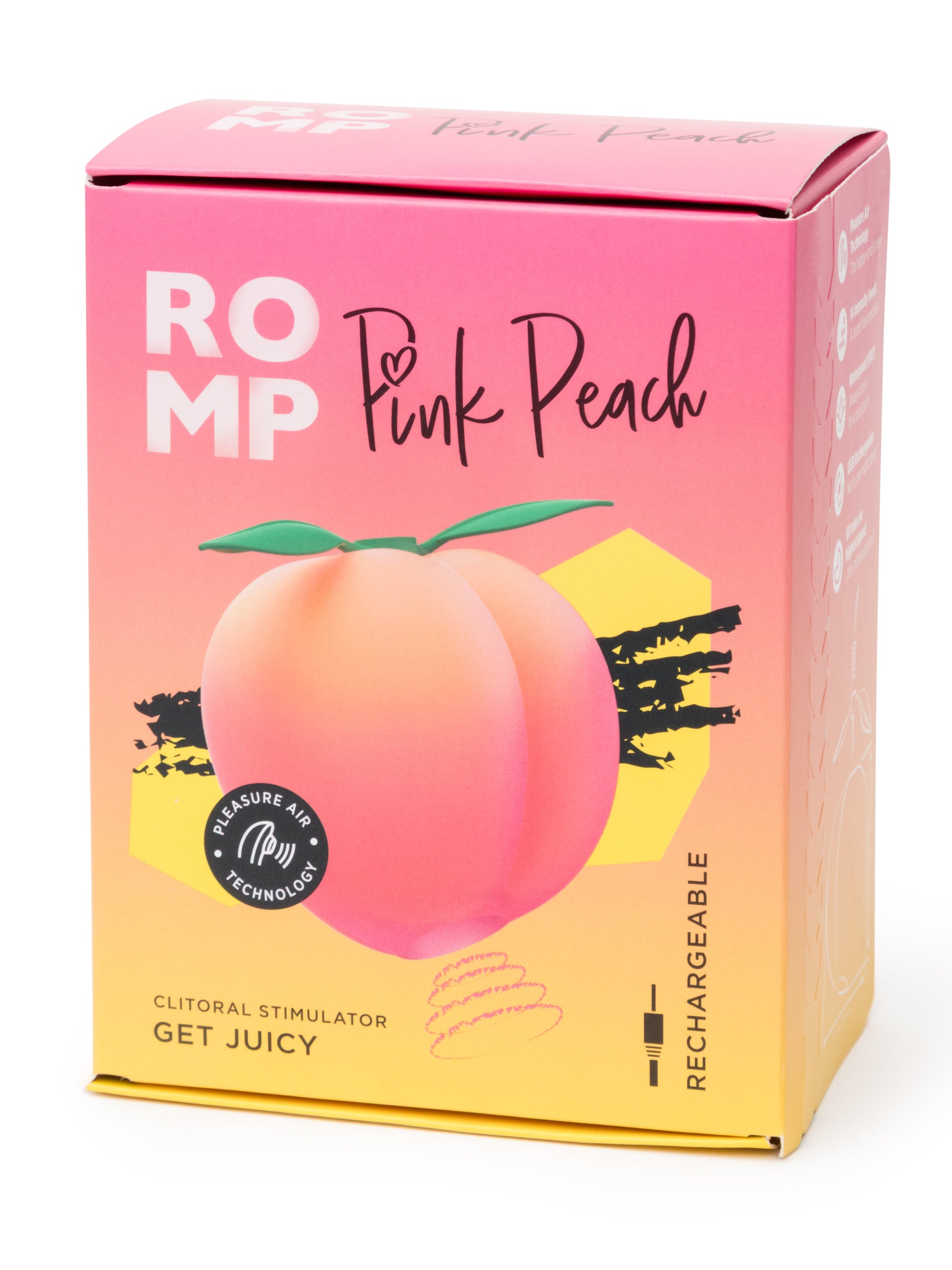 ROMP Pink Peach vibrator with smooth, curved design and soft pink color, designed for discreet pleasure and ergonomic use.