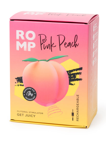 ROMP Pink Peach vibrator with smooth, curved design and soft pink color, designed for discreet pleasure and ergonomic use.