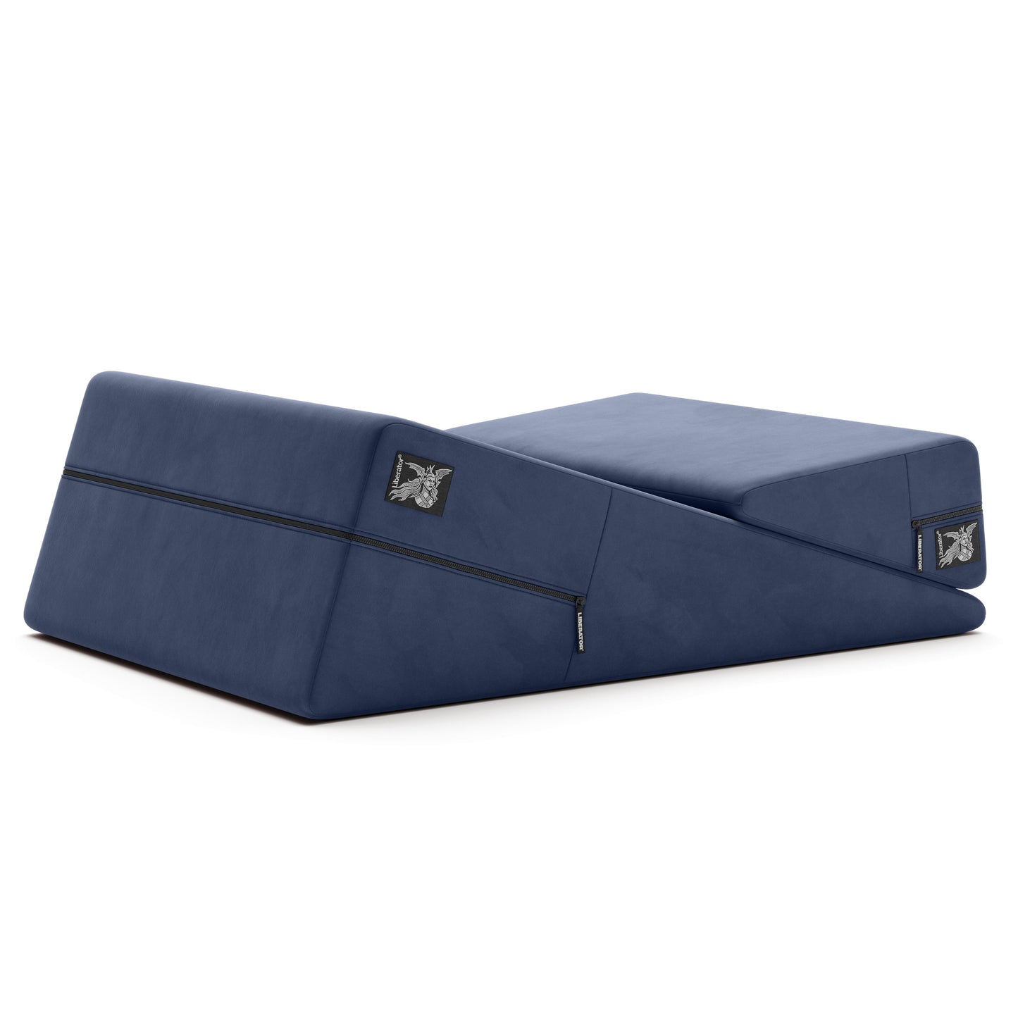 Velvet blue Liberator wedge and ramp sex positioning pillow combo for comfortable adult intimacy and positioning.