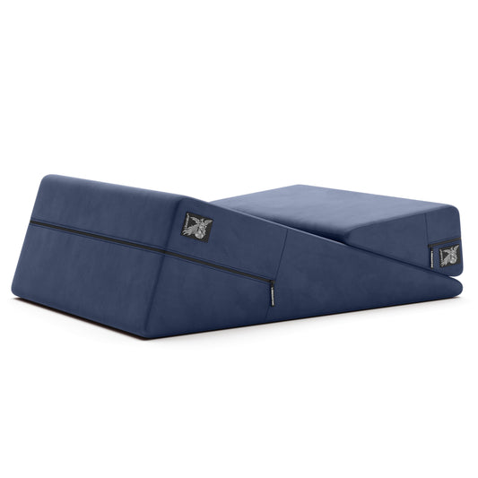Velvet blue Liberator wedge and ramp sex positioning pillow combo for comfortable adult intimacy and positioning.