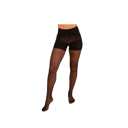 Black sheer contour tights by Anastasia's Bedroom Lingerie, showcasing smooth, fitted hosiery with a sleek, transparent finish.