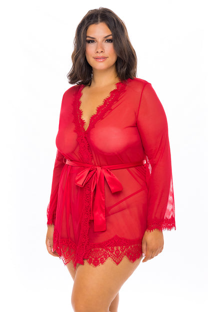 Plus size red Provence sheer short robe by Anastasia's Bedroom Lingerie, featuring lightweight, flowy fabric and delicate lace details.
