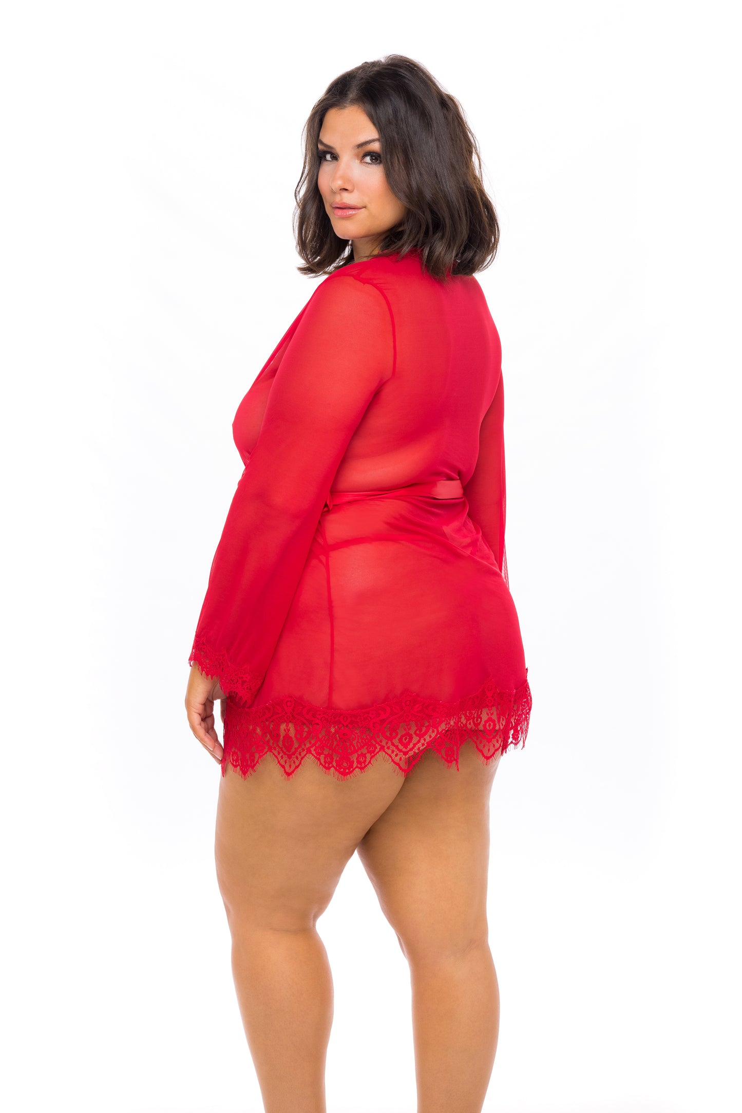 Plus size red Provence sheer short robe by Anastasia's Bedroom Lingerie, back view showing lightweight, flowing fabric and delicate design.