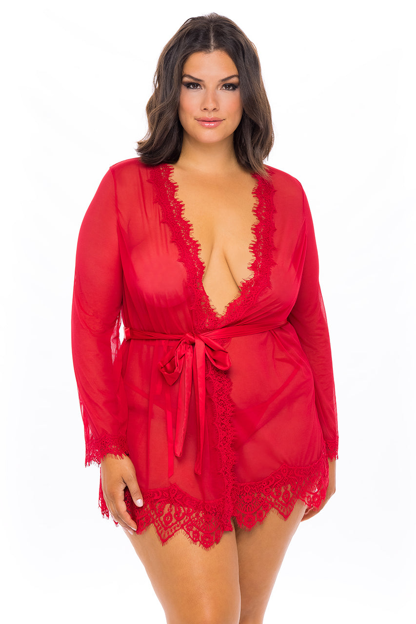 Red Provence sheer short robe by Anastasia's Bedroom Lingerie, plus size, with delicate lace trim and lightweight, flowing fabric.