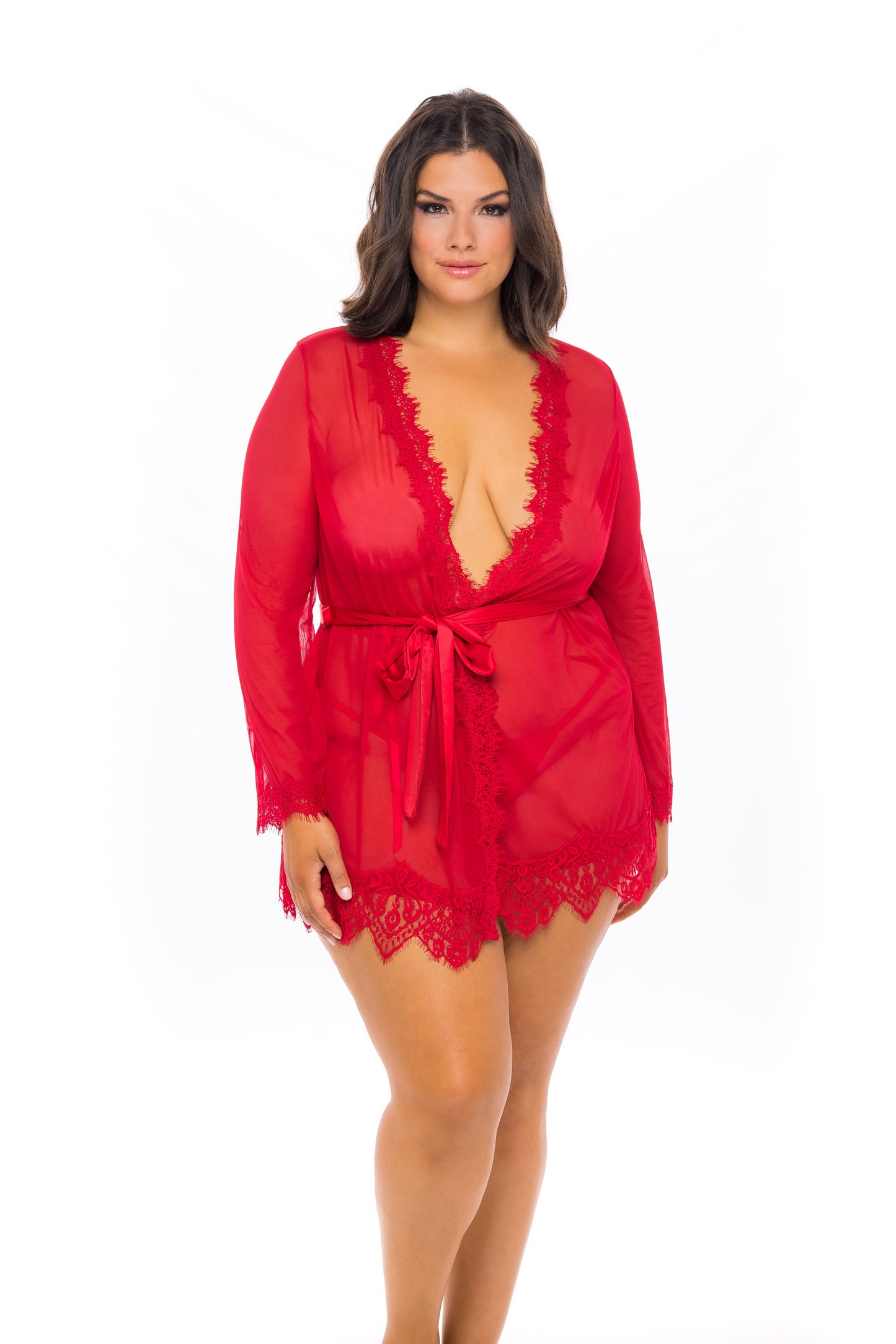 Red Provence sheer short robe by Anastasia's Bedroom Lingerie, front view showing lightweight, flowy fabric and delicate design.