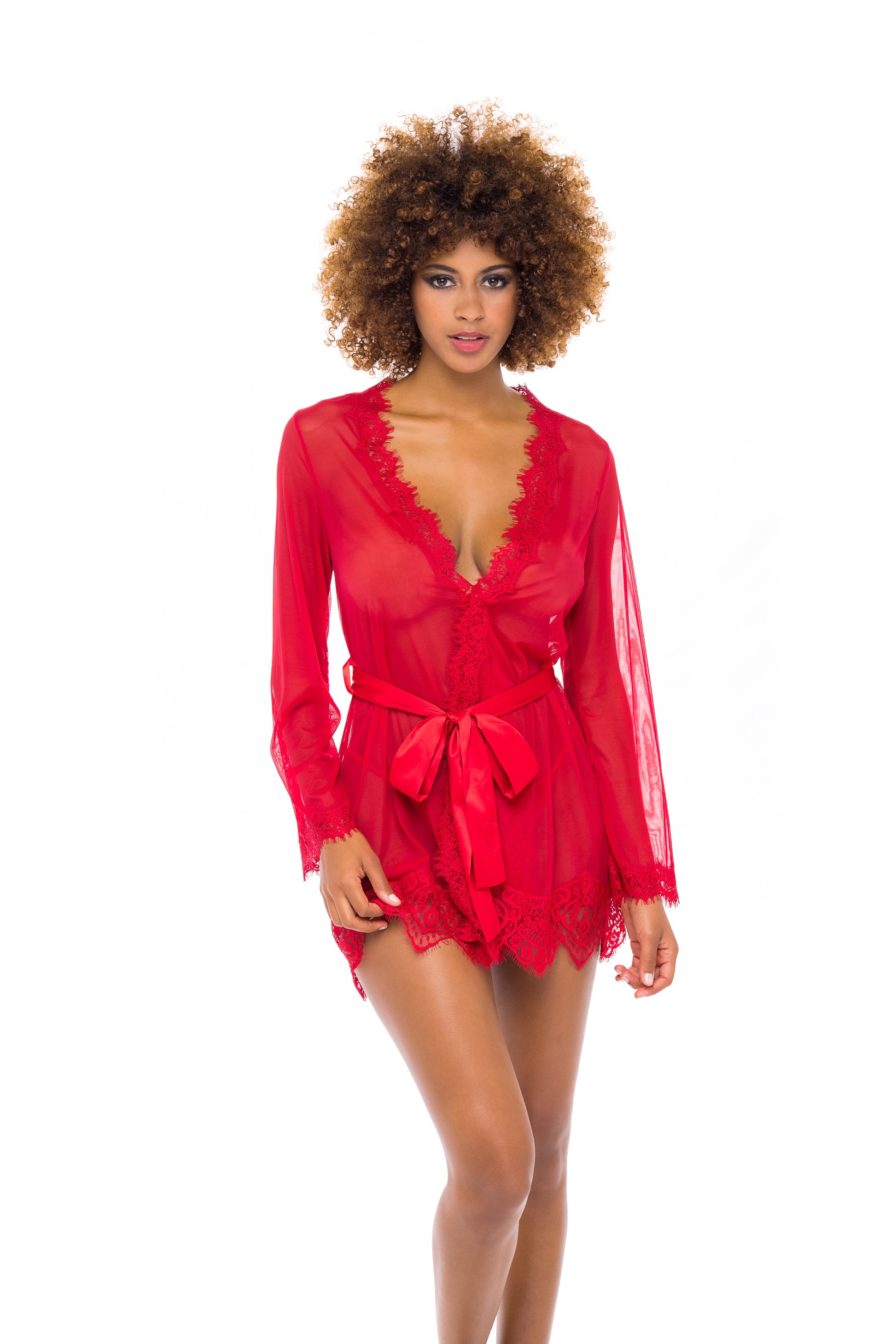 Red Provence sheer short robe by Anastasia's Bedroom Lingerie, featuring lightweight, semi-transparent fabric and delicate lace trim.