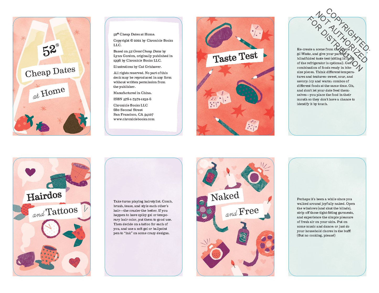 Book cover for "52 Cheap Dates at Home" by Anastasia's Bedroom Lingerie with colorful illustrations.
