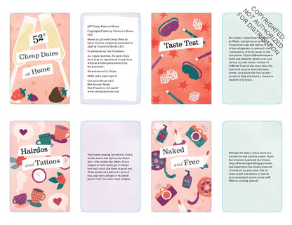 Book cover for "52 Cheap Dates at Home" by Anastasia's Bedroom Lingerie with colorful illustrations.