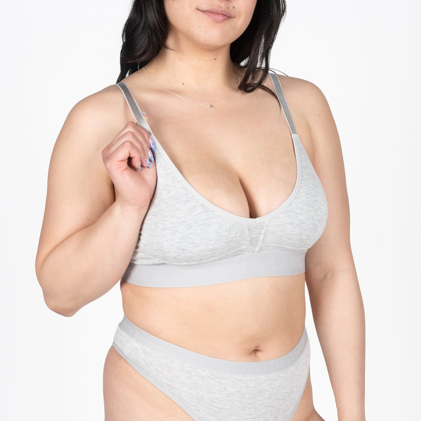 Heather grey Bria bralette by Anastasia's Bedroom Lingerie, featuring soft fabric and delicate design on a neutral background.