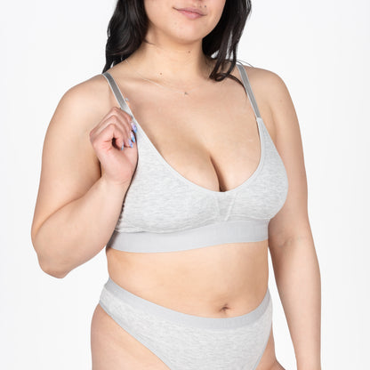 Heather grey Bria bralette by Anastasia's Bedroom Lingerie, featuring soft fabric and delicate design on a neutral background.