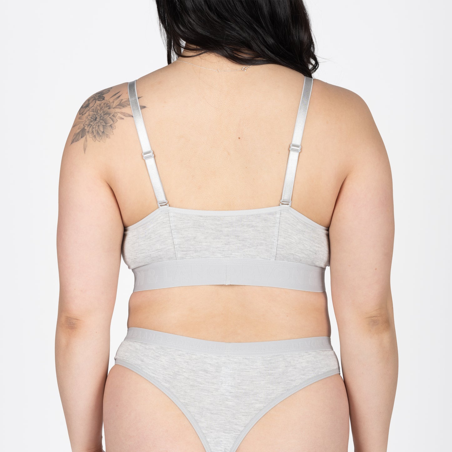 Heather grey Bria bralette by Anastasia's Bedroom Lingerie, featuring soft fabric and delicate straps, displayed on a plain background.
