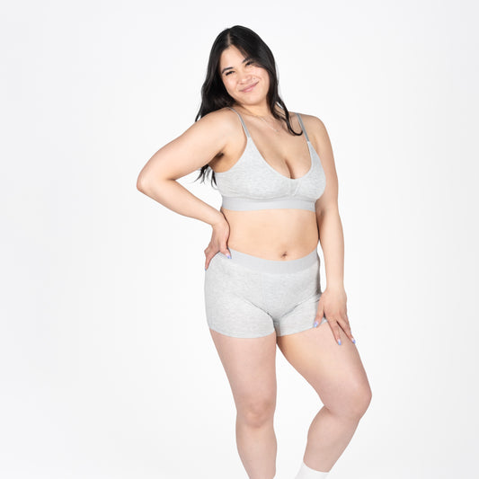 Heather grey Bria women's boyshorts by Anastasia's Bedroom Lingerie, showing soft fabric and comfortable fit style.