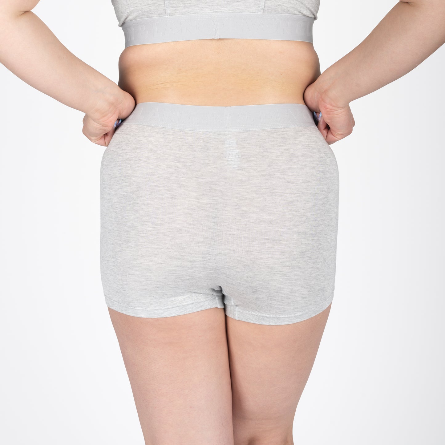 Bria women's Heather Grey boyshorts by Anastasia's Bedroom Lingerie, soft and comfortable lingerie underwear laid flat.