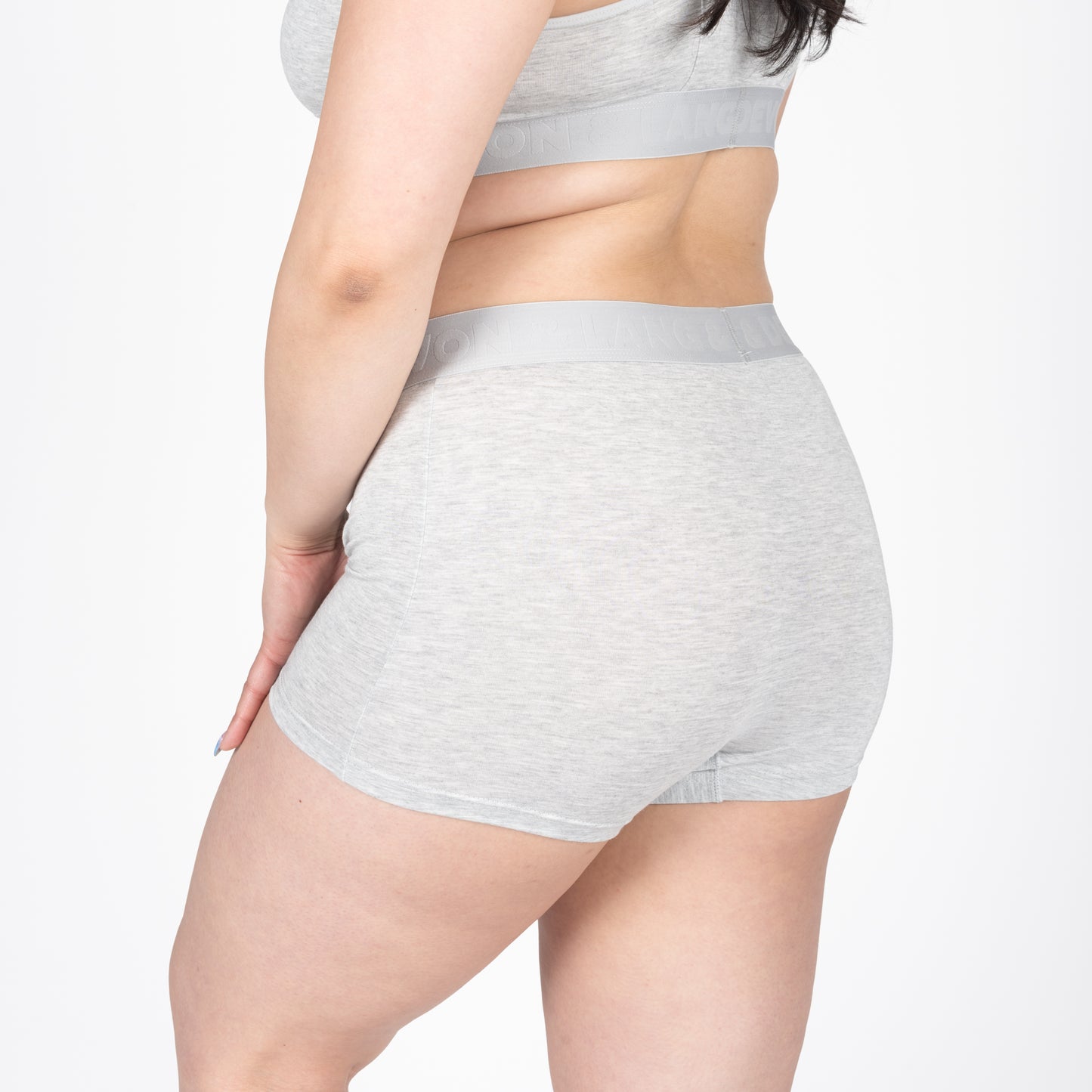 Bria women's boyshort underwear in Heather Grey from Anastasia's Bedroom Lingerie, shown in a close-up image.