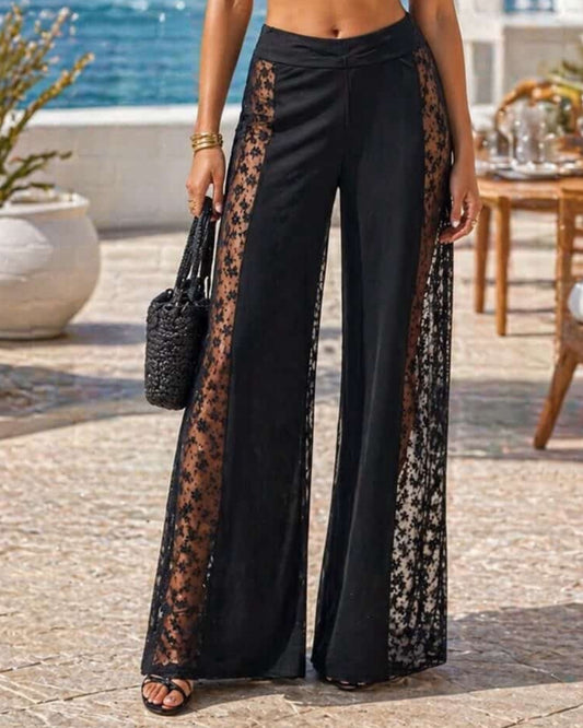 Lace Side-Slit Wide-Leg Pants