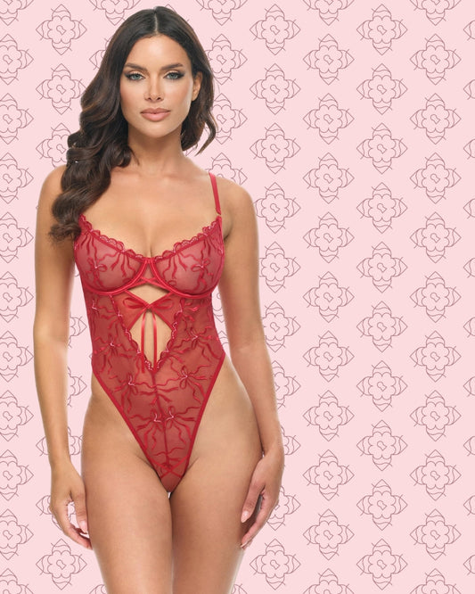 Anastasia's Bedroom Lingerie Mariah Teddy in soft lace with floral details, shown on a mannequin.