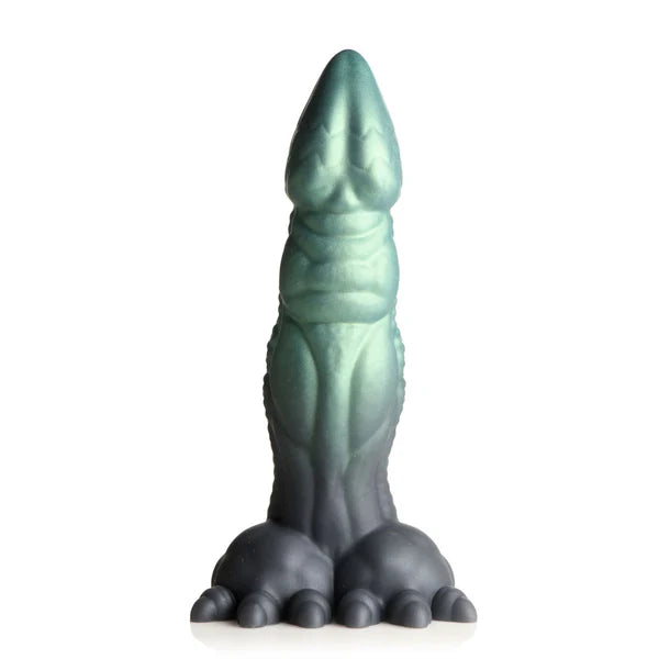 Silicone dinosaur-shaped dildo from Anastasia's Bedroom Lingerie, featuring a colorful, textured design for adult pleasure use.