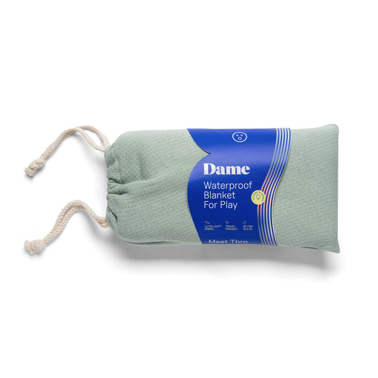 Dame sage-colored throw blanket with matching storage bag, soft and cozy accessory for home decor.