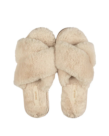 Faux fur slippers by Anastasia's Bedroom Lingerie, cozy lattelove-co slippers with soft, plush faux fur for comfortable indoor wear.