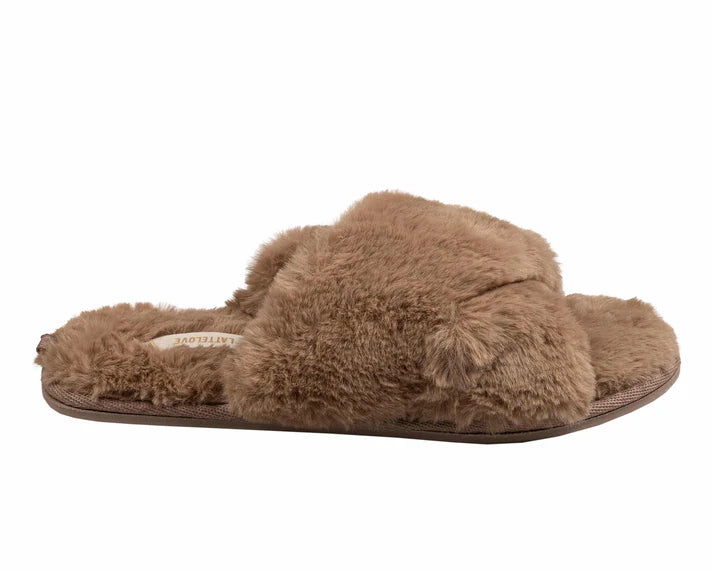 Luxurious faux fur slippers by Anastasia's Bedroom Lingerie, featuring plush, cozy interior and stylish design.