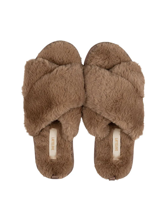 Faux fur slippers from Anastasia's Bedroom Lingerie, cozy beige slippers with plush interior and soft sole for comfort.