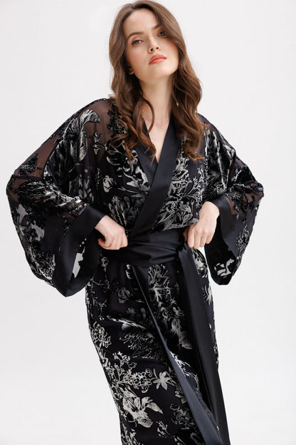 Long Silk Velvet Robe in Black