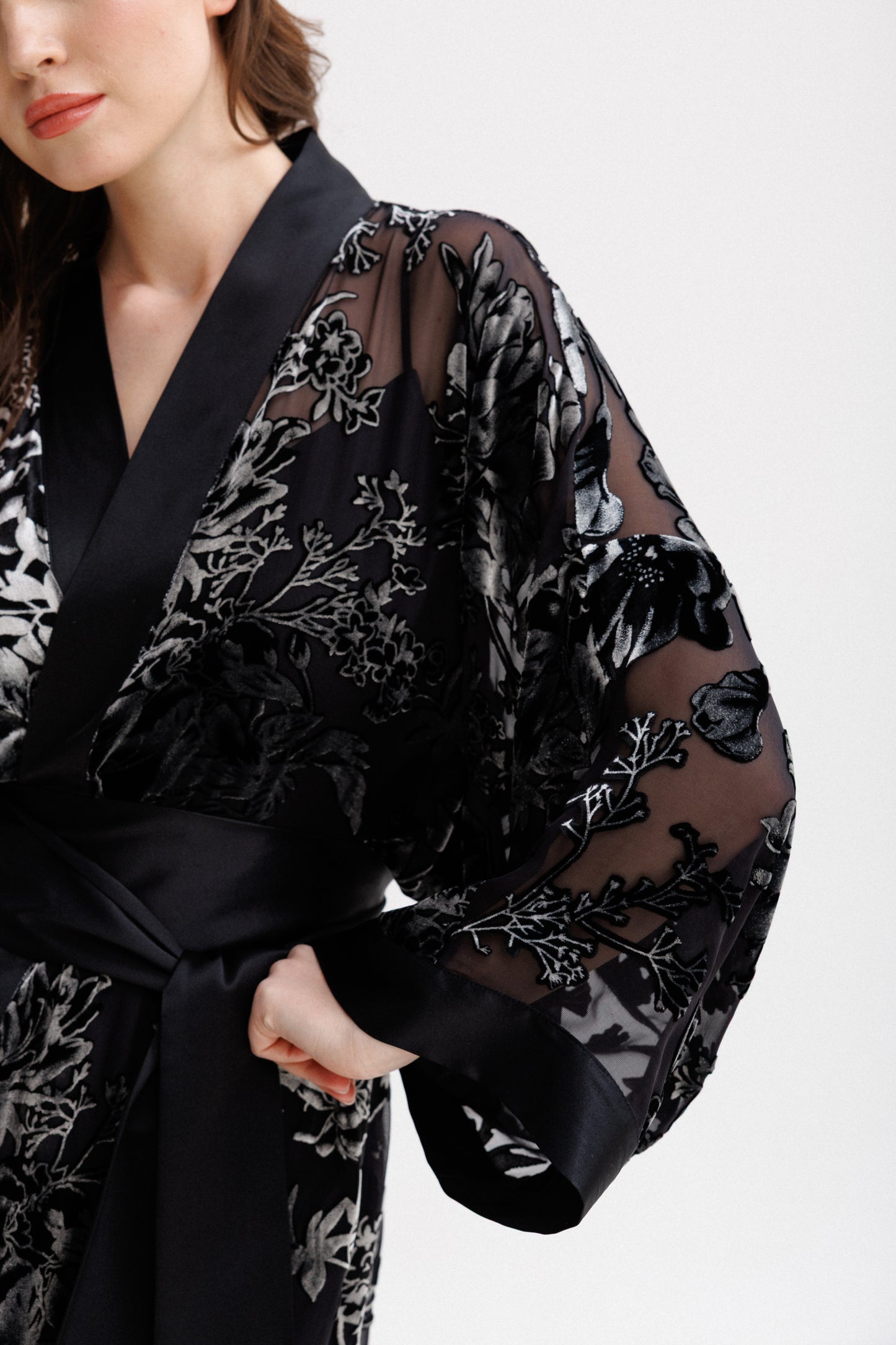 Long Silk Velvet Robe in Black