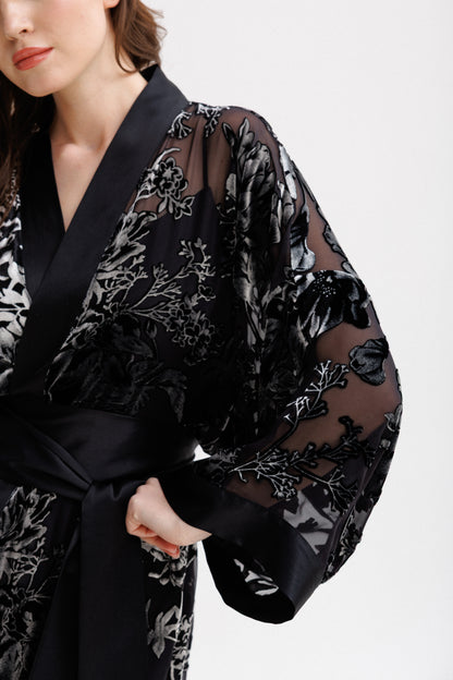 Long Silk Velvet Robe in Black