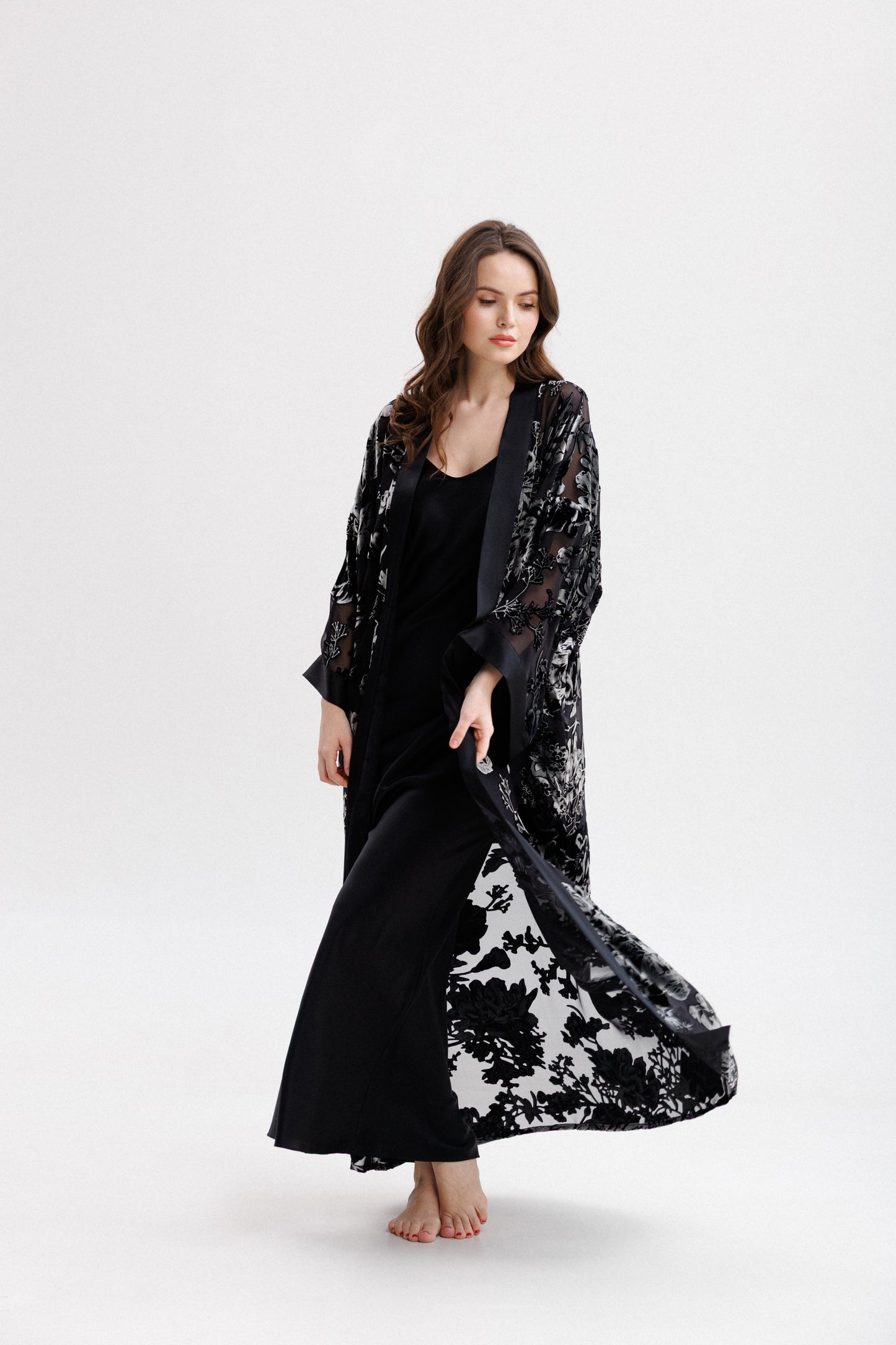 Long Silk Velvet Robe in Black