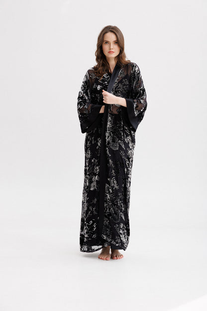 Long Silk Velvet Robe in Black
