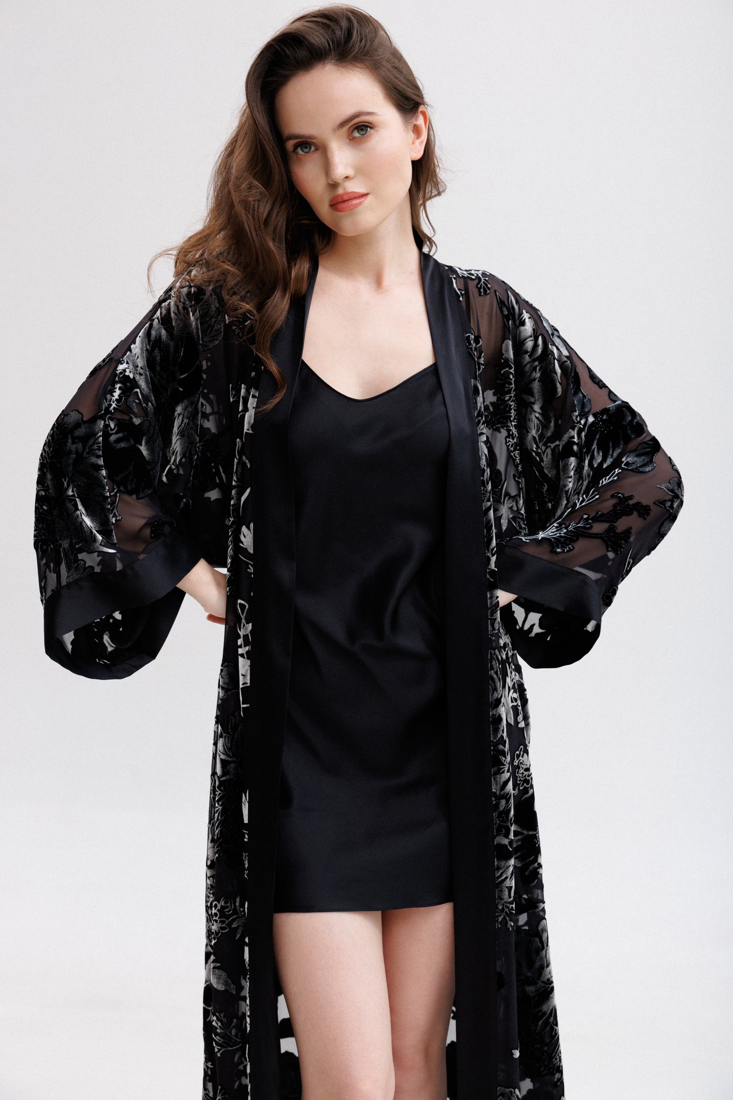 Long Silk Velvet Robe in Black