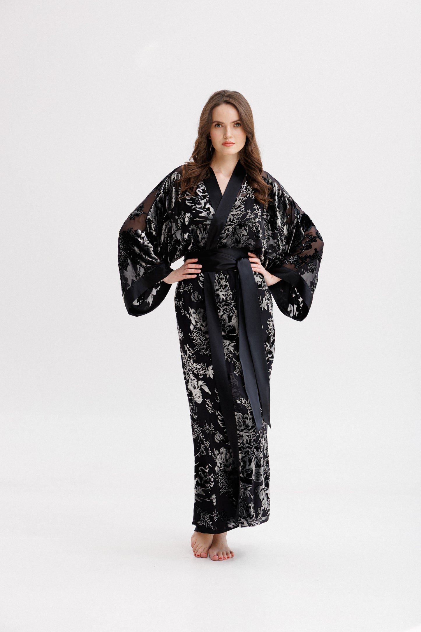 Long Silk Velvet Robe in Black