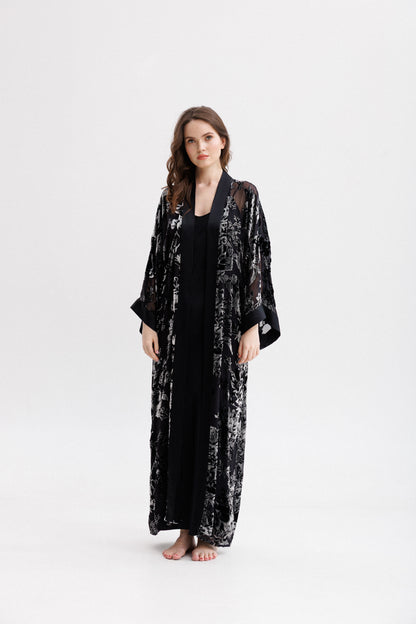 Long Silk Velvet Robe in Black