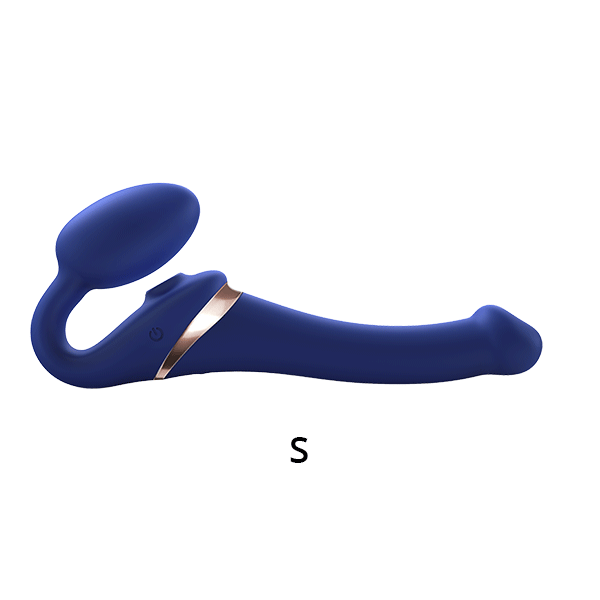 Night blue bendable strap-on harness with multi-orgasm features from STRAP-ON-ME, shown in a flexible, adjustable design image.