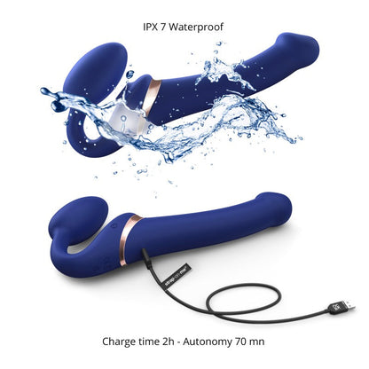 Night blue multi-orgasm bendable strap-on harness from STRAP-ON-ME, adjustable and flexible for comfortable wear.
