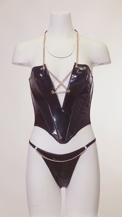 Fetish Chained Bustier Bra Set in Black