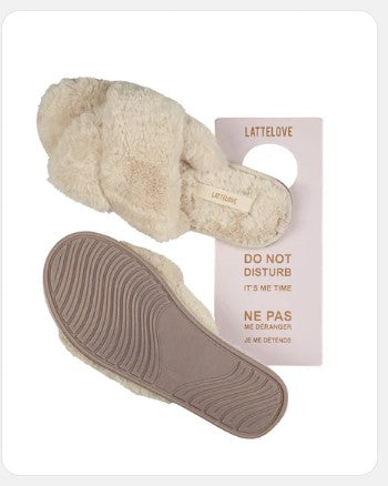 Anastasia's Bedroom Lingerie faux fur slippers in sandy color, cozy and plush indoor footwear with soft fur uppers.